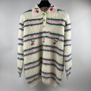 Sweet Orchard Vintage-Inspired Fuzzy Cardigan with Cherry Embroidery